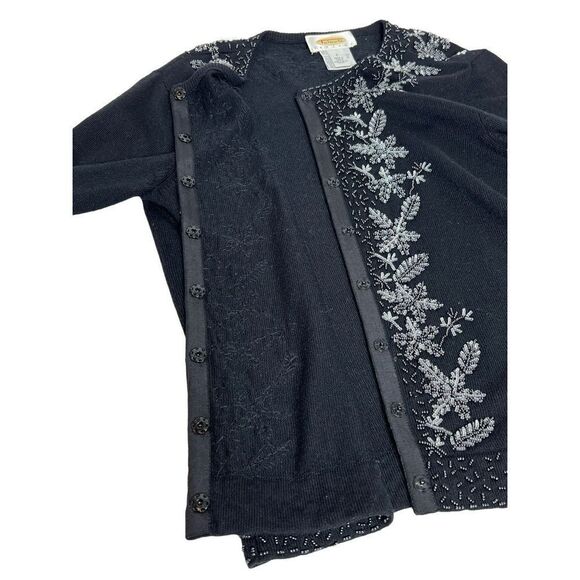 Talbots black beaded silk and cashmere blend snap up cardigan size petite - Picture 8 of 12